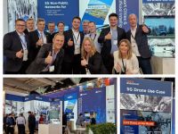 Daumen hoch für die erfolgreiche Generalprobe des 5G-Real-Labors im TIP Innovationspark: Das Messe-Team von WLH und Media Broadcast auf der Hannover Messe 2023. (c) Media Broadcast